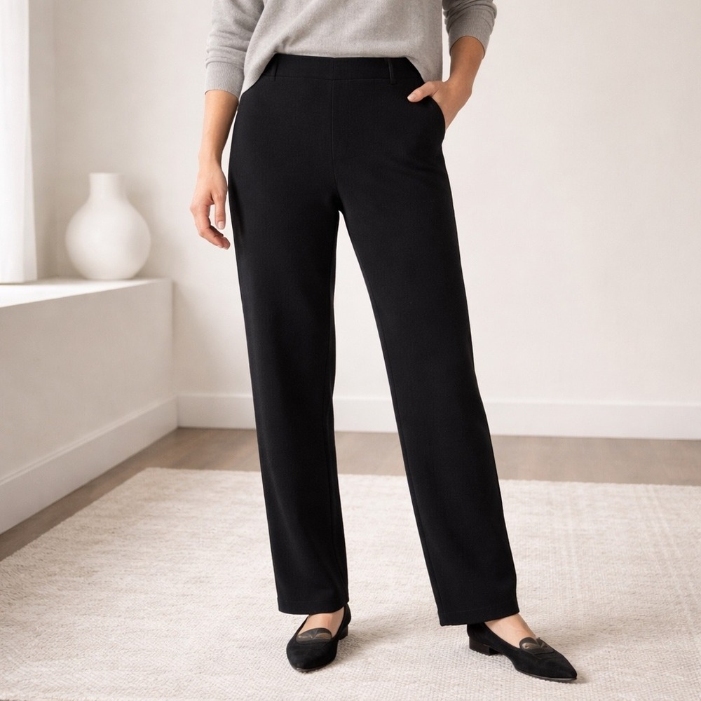 Eileen Fisher Pants Womens Large Black Viscose Wool Knit Minimalist Pull On P366